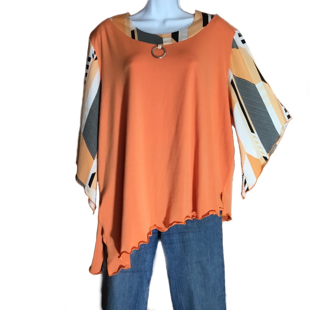 Orange Stretchy  Asymmetrical Lagenlook Tunic Top